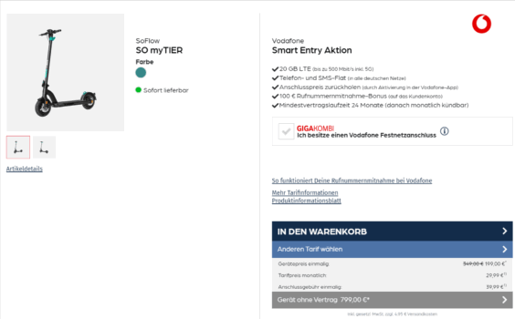 SoFlow SO myTIER E-Scooter + Vodafone Smart Entry 20 GB LTE