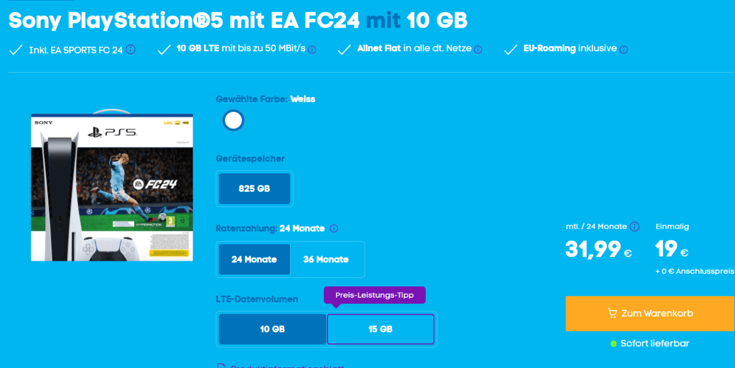 Blau: Sony PlayStation 5 Digital Edition mit EA Sports FC 24 + Allnet XL mit 10 GB LTE für 31,99 € / Monat + 23,99 € einmalig