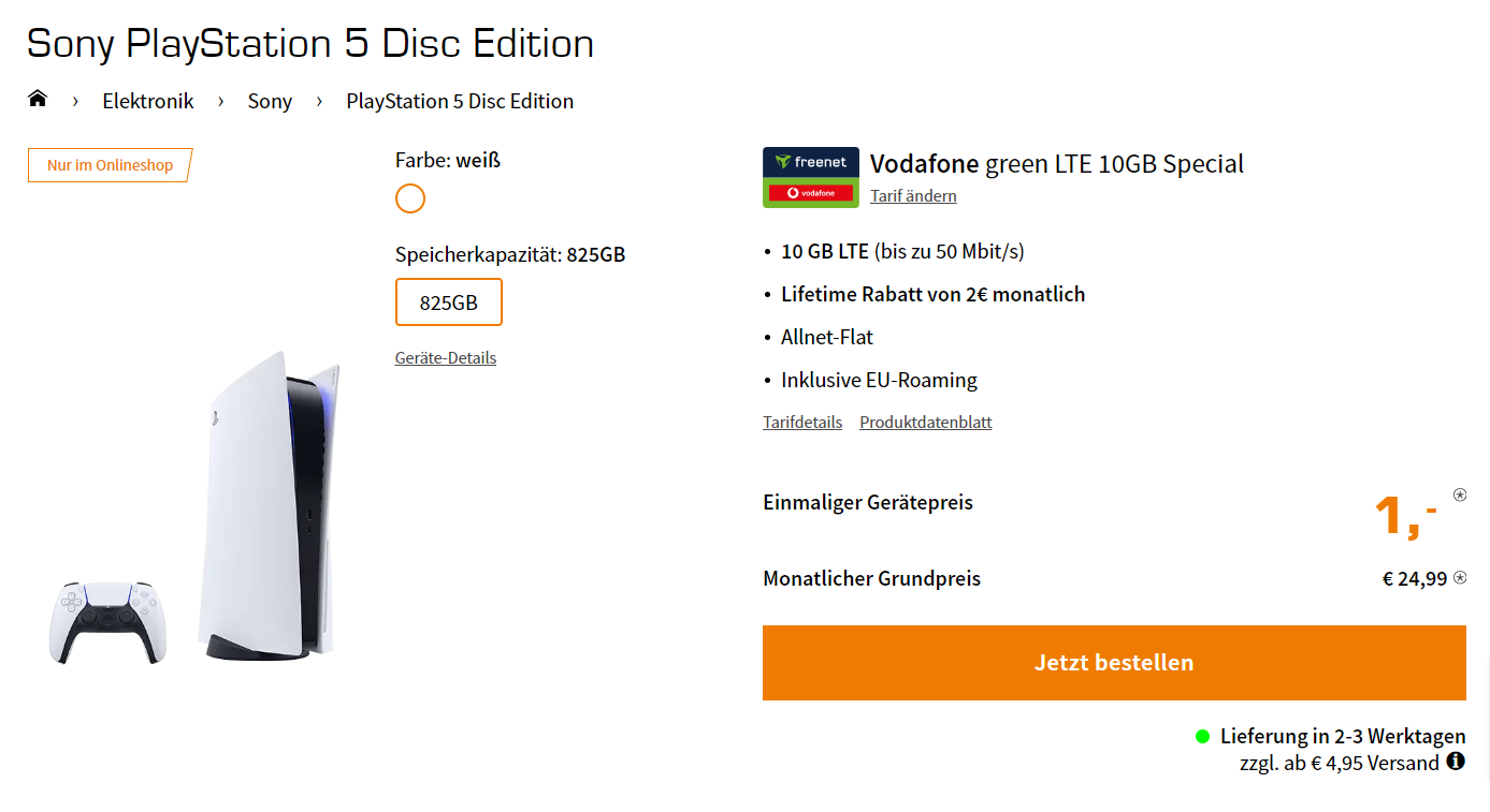 Saturn Tarifwelt: Sony PlayStation 5 Disc Edition + freenet Vodafone green LTE 10GB für 24,99 € / Monat + 45,94 € einmalig
