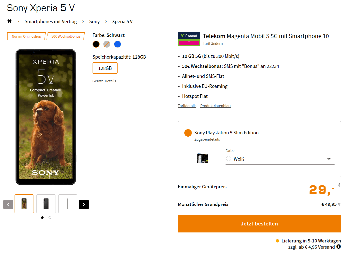 Saturn Tarifwelt: Sony Xperia 5 V + Sony Playstation 5 Slim + freenet Telekom Magenta Mobil S mit 10 GB 5G für 49,95 € / Monat + 73,94 € einmalig