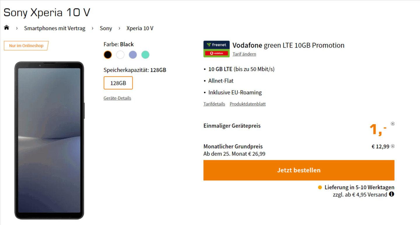 Saturn Tarifwelt: Sony Xperia 10 V + freenet Vodafone green LTE 10GB für 12,99 € / Monat + 45,94 € einmalig