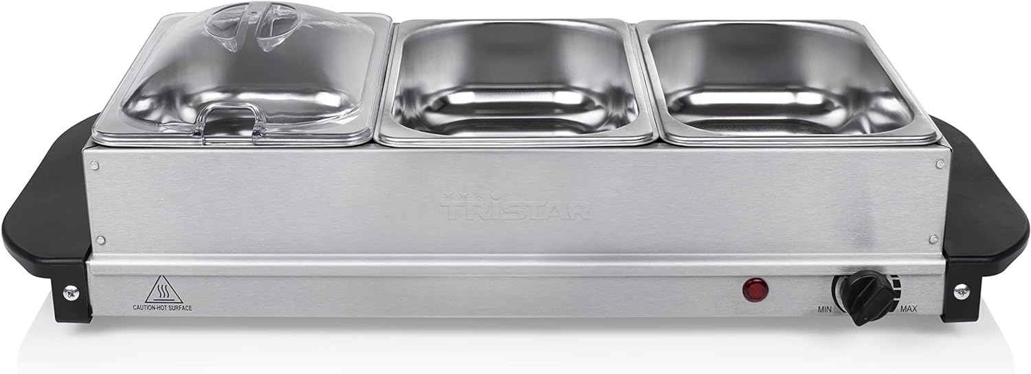 Tristar Edelstahl Buffetwärmer – einstellbares Thermostat, 3 x 1,5l Buffetbehälter, als Heizplatte verwendbar, 200 Watt, BP-6283 für 38,99 € inkl. Versand (statt 51,48 €)