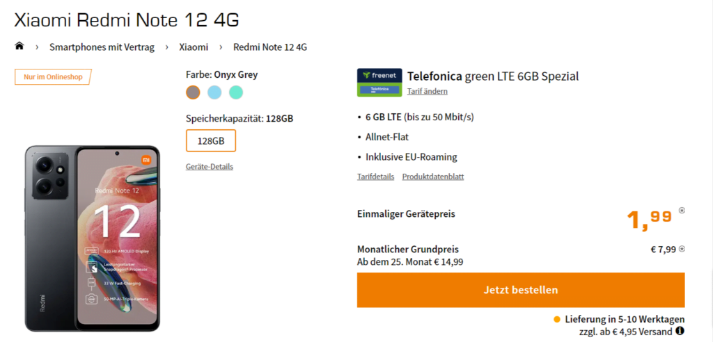 Xiaomi Redmi Note 12 4G + Freenet Telefonica Green Lte 6Gb