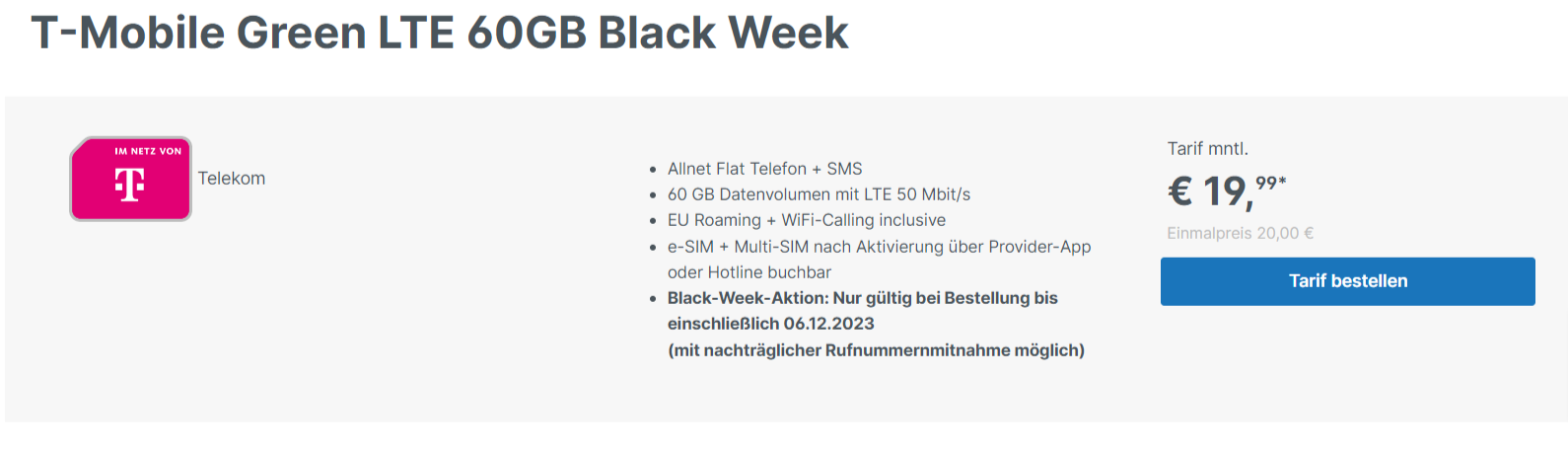 Smartphonemittarif.de: T-Mobile Green LTE mit 60 GB Datenvolumen + einmalig 20 € für 19,99 €