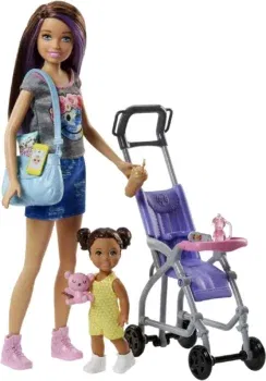 Barbie Skipper Babysitter Inc - Skipper mit braunen und lila Haaren, Baby mit braunen Zöpfen und Kinderwagen