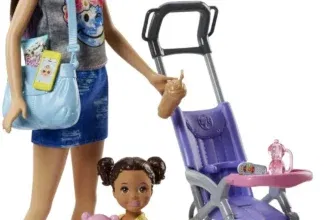 Barbie Skipper Babysitter Inc - Skipper mit braunen und lila Haaren, Baby mit braunen Zöpfen und Kinderwagen