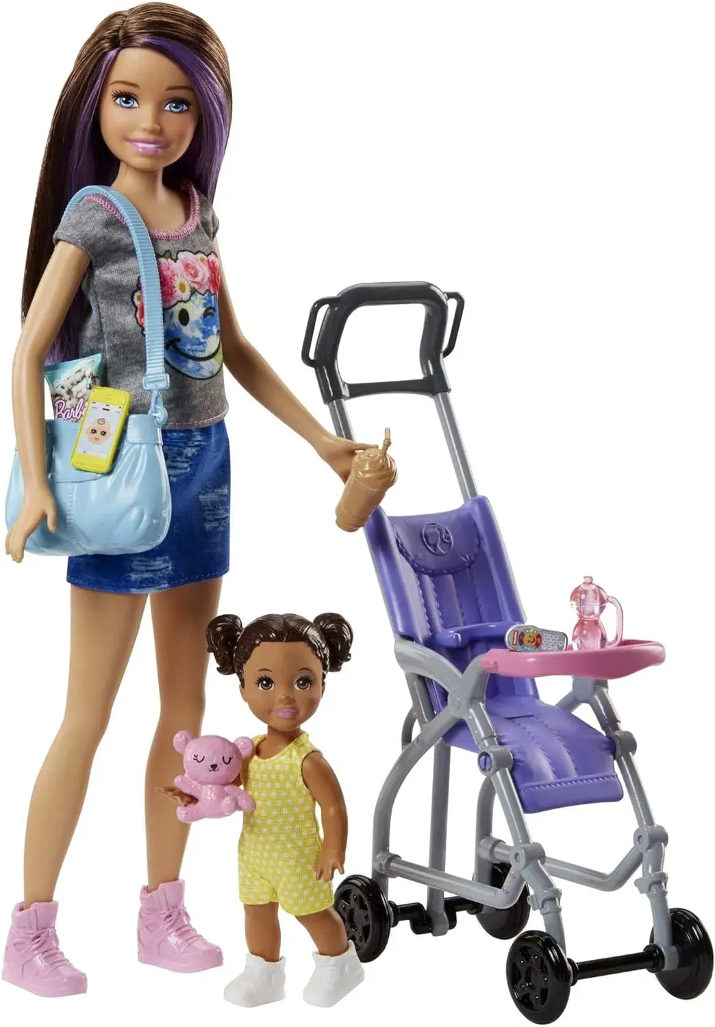 Barbie Skipper Babysitter Inc - Skipper Mit Braunen Und Lila Haaren, Baby Mit Braunen Zöpfen Und Kinderwagen