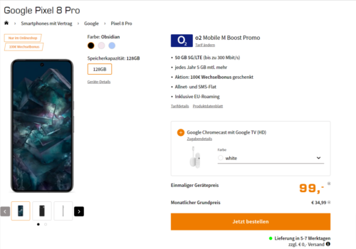 Google Pixel 8 Pro + Google Chromecast mit Google TV + o2 Mobile M Boost 50 GB 5G