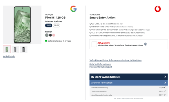 Google Pixel 8 + Vodafone Smart Entry 20 GB LTE