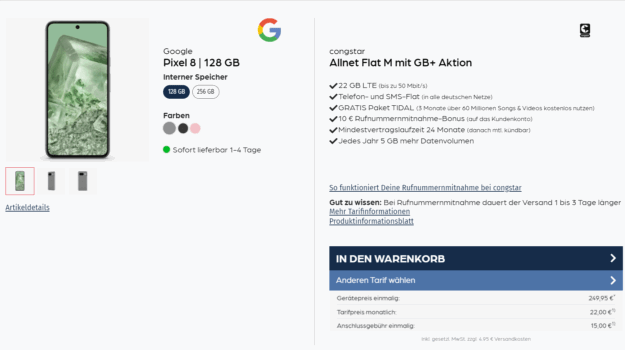 Google Pixel 8 + congstar Allnet Flat M mit 22 GB LTE