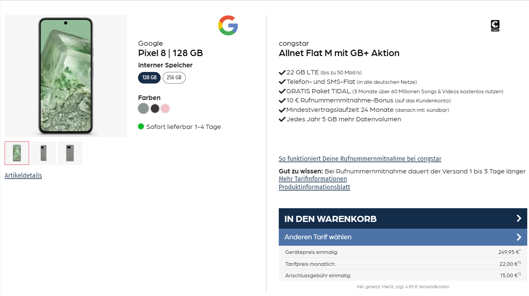 Google Pixel 8 + Congstar Allnet Flat M Mit 22 Gb Lte