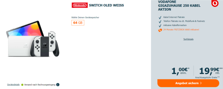 Nintendo Switch OLED + 24 Monate FRITZ!BOX 6660 + Vodafone GigaZuhause 250 Kabel