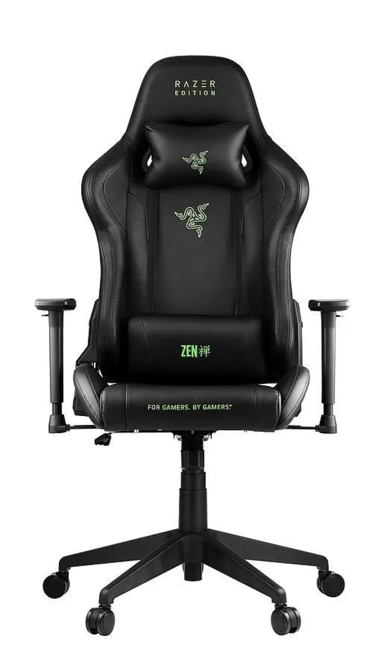 Schwarzer ZEN Razer Edition Gaming-Stuhl mit grünen Logos, Kopfstütze und Lendenwirbelstütze