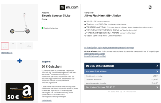 Xiaomi Electric Scooter 3 Lite + 50 € Amazon Gutschein + congstar Allnet Flat M 22 GB LTE