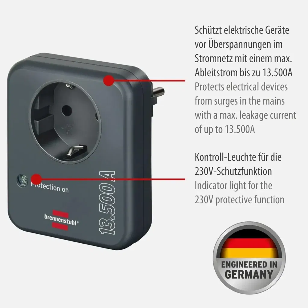 Brennenstuhl Steckdosenadapter Mit Überspannungsschutz 13.500 A (Adapter Als Blitzschutz Für Elektrogeräte)