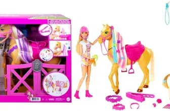 Barbie HGB58 - Frisier- und Reitspaß - Reitset mit Pferd, Pony, Puppe und über 20 Zubehörteilen