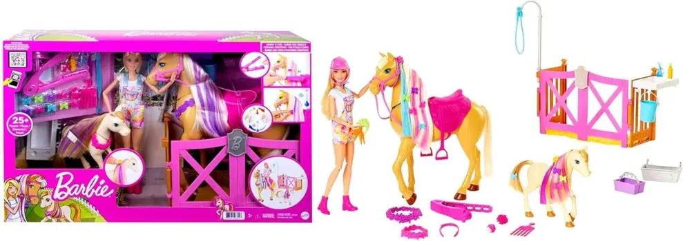 Barbie HGB58 - Frisier- und Reitspaß - Reitset mit Pferd, Pony, Puppe und über 20 Zubehörteilen