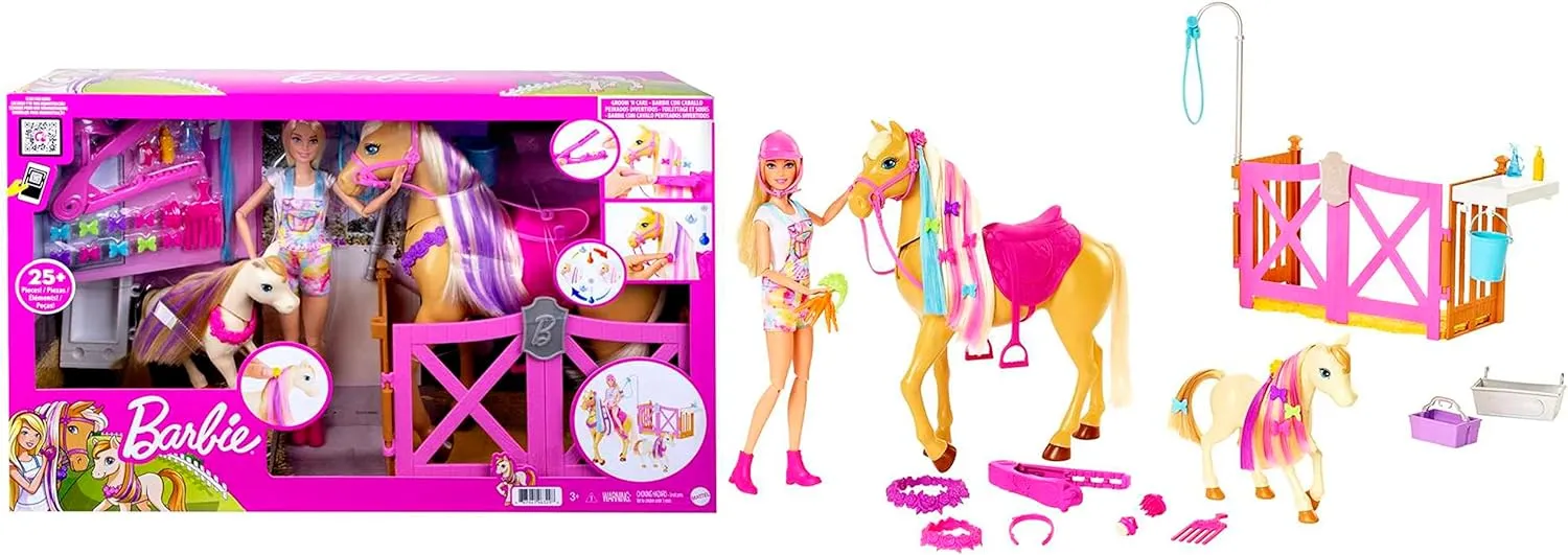 Barbie Hgb58 - Frisier- Und Reitspaß - Reitset Mit Pferd, Pony, Puppe Und Über 20 Zubehörteilen