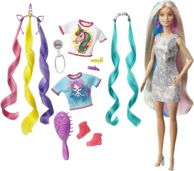 Barbie-Puppe, Einhorn-Barbie-Puppe mit Meerjungfrauenhaar und Einhorn-Haarkrönchen