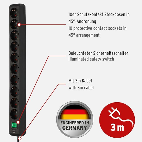 Brennenstuhl Eco-Line Steckdosenleiste 10-fach & 3m Kabel für 8,99 € inkl. Prime-Versand
