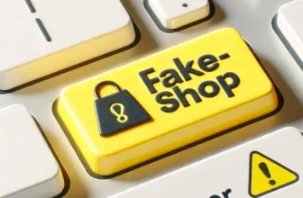 Betrugsillustration: Laptop mit falschem Versprechen, skeptischer Verbraucher prüft das Angebot