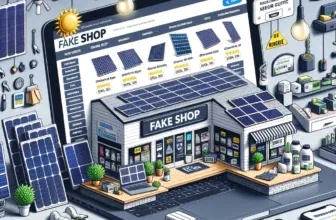 Illustration eines gefälschten Online-Shops auf solarheim.com mit Warnhinweisen vor Betrug