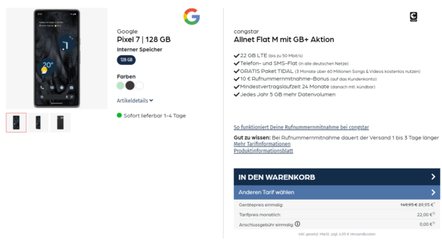 Google Pixel 7 + congstar Allnet Flat M mit 22 GB LTE