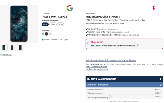 Google Pixel 8 + Telekom Magenta Mobil S mit 10 GB LTE