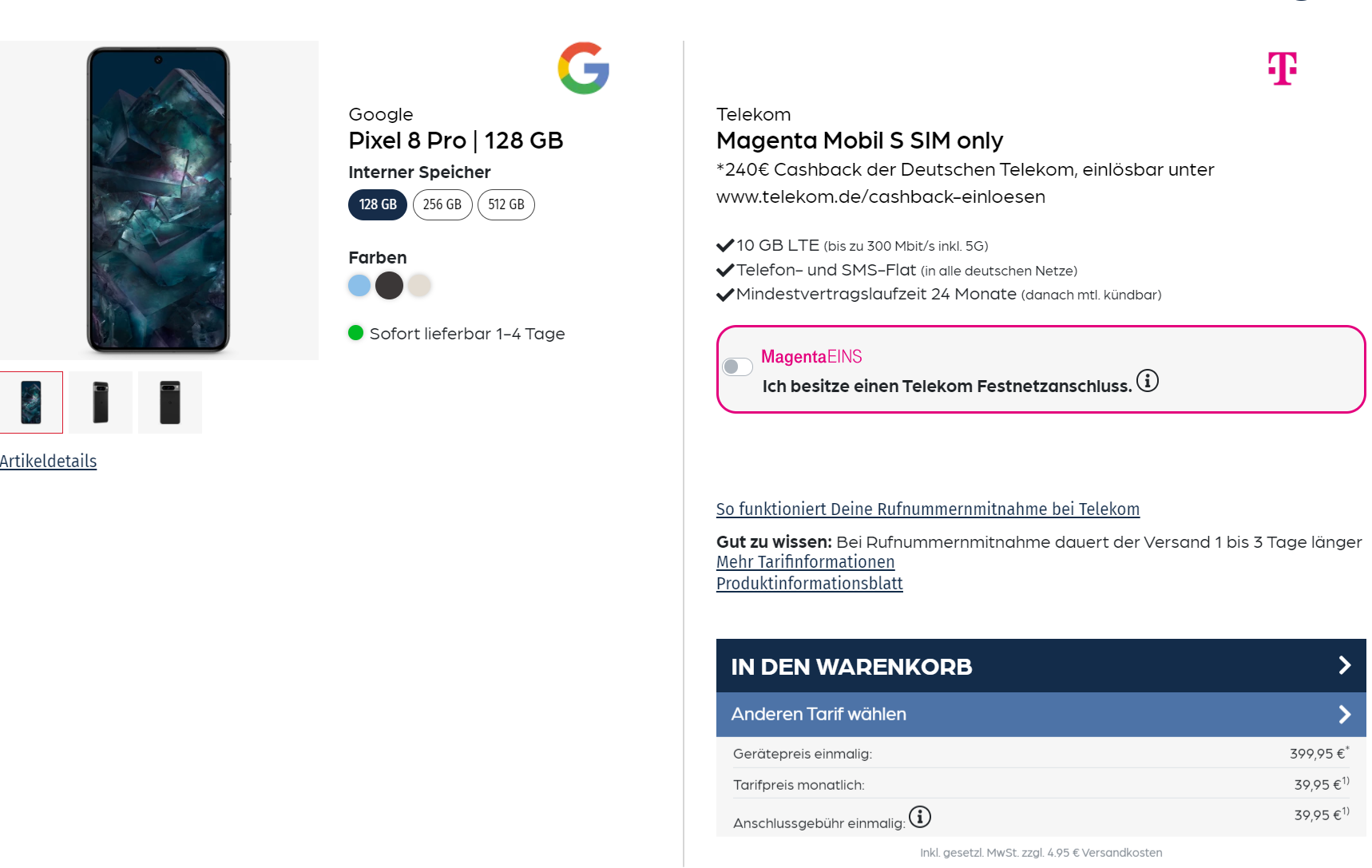 Google Pixel 8 Pro + Telekom Magenta Mobil S Mit 10 Gb Lte