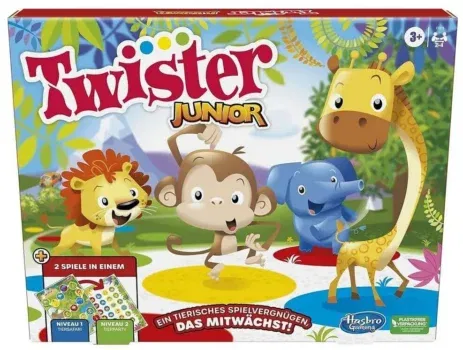 Hasbro Twister Junior - Tierisches Vergnügen, doppelseitige Matte, 2 Spiele in einem