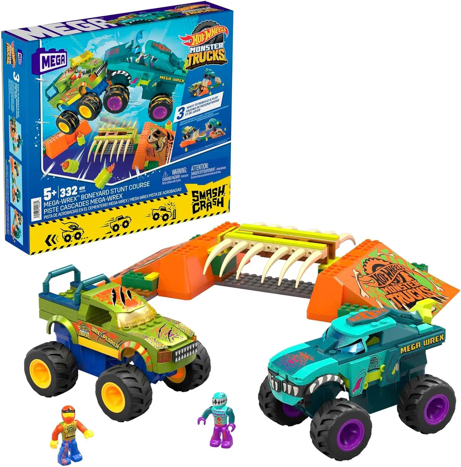 Mega Hot Wheels Monster Trucks Bauspielzeug - Smash &Amp; Crash Mega-Wrex Boneyard Stuntparcours