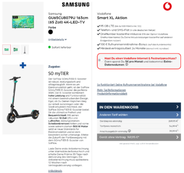 Samsung GU65CU8079U 163cm (65 Zoll) 4K-LED-TV + SoFlow SOmyTIER E-Scooter + Vodafone Smart XL 95 GB LTE