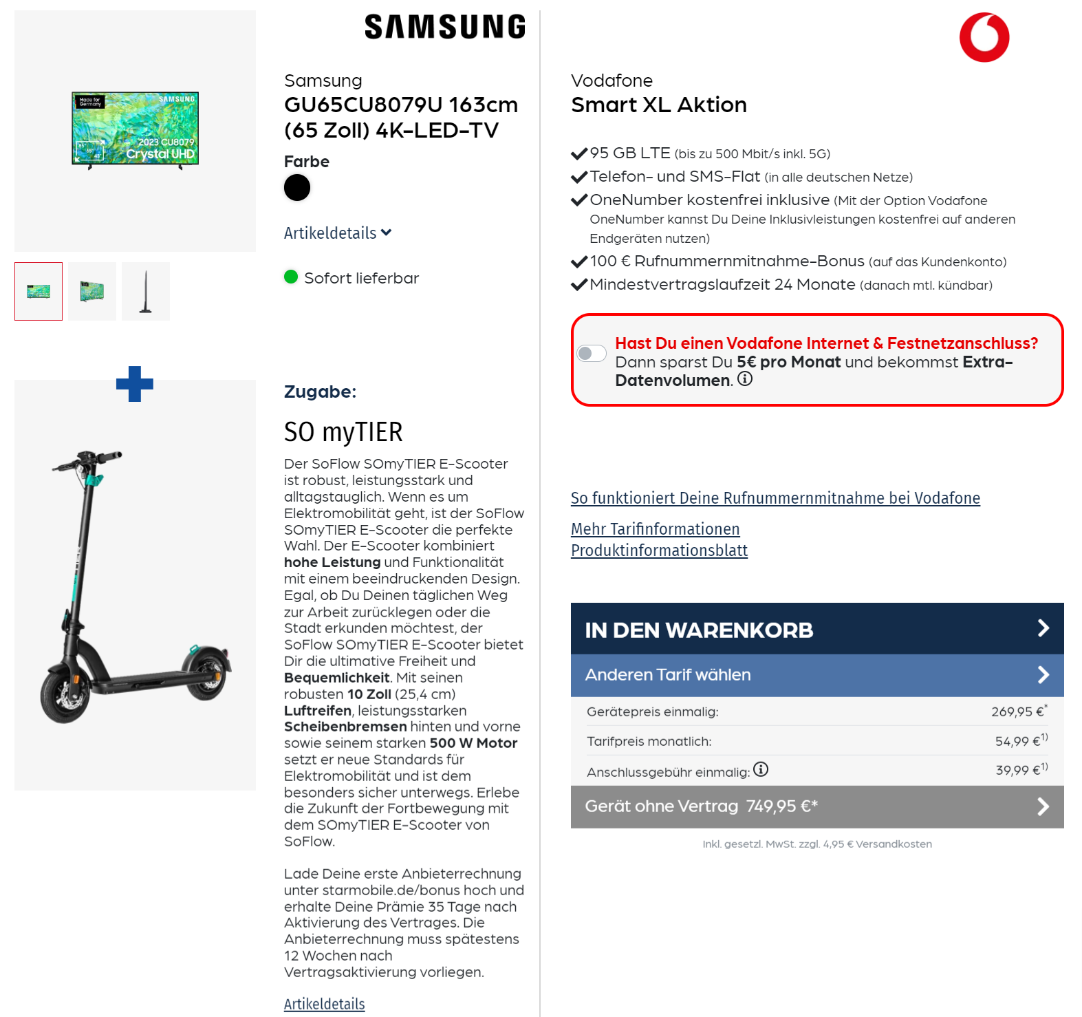 Samsung Gu65Cu8079U 163Cm (65 Zoll) 4K-Led-Tv + Soflow Somytier E-Scooter + Vodafone Smart Xl 95 Gb Lte