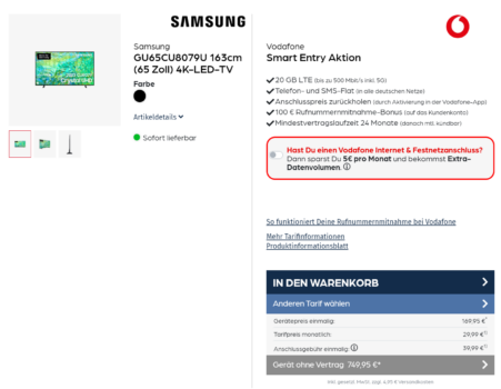 Samsung GU65CU8079U 163cm (65 Zoll) 4K-LED-TV +Vodafone Smart Entry 20 GB LTE