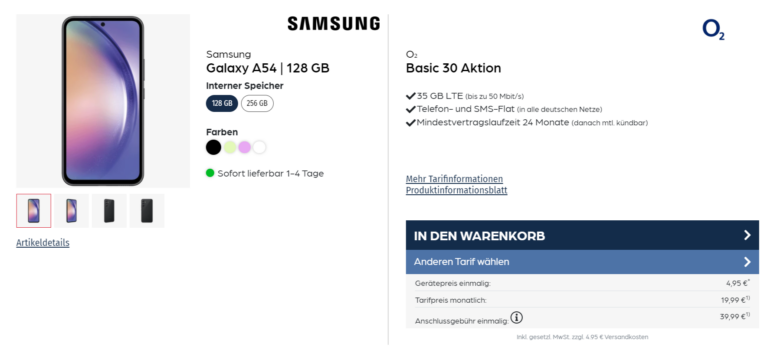 Samsung Galaxy A54 + o2 Basic 30 mit 35 GB LTE