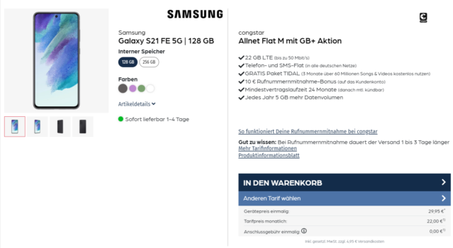 Samsung Galaxy S21 FE 5G + congstar Allnet Flat M mit 22 GB LTE