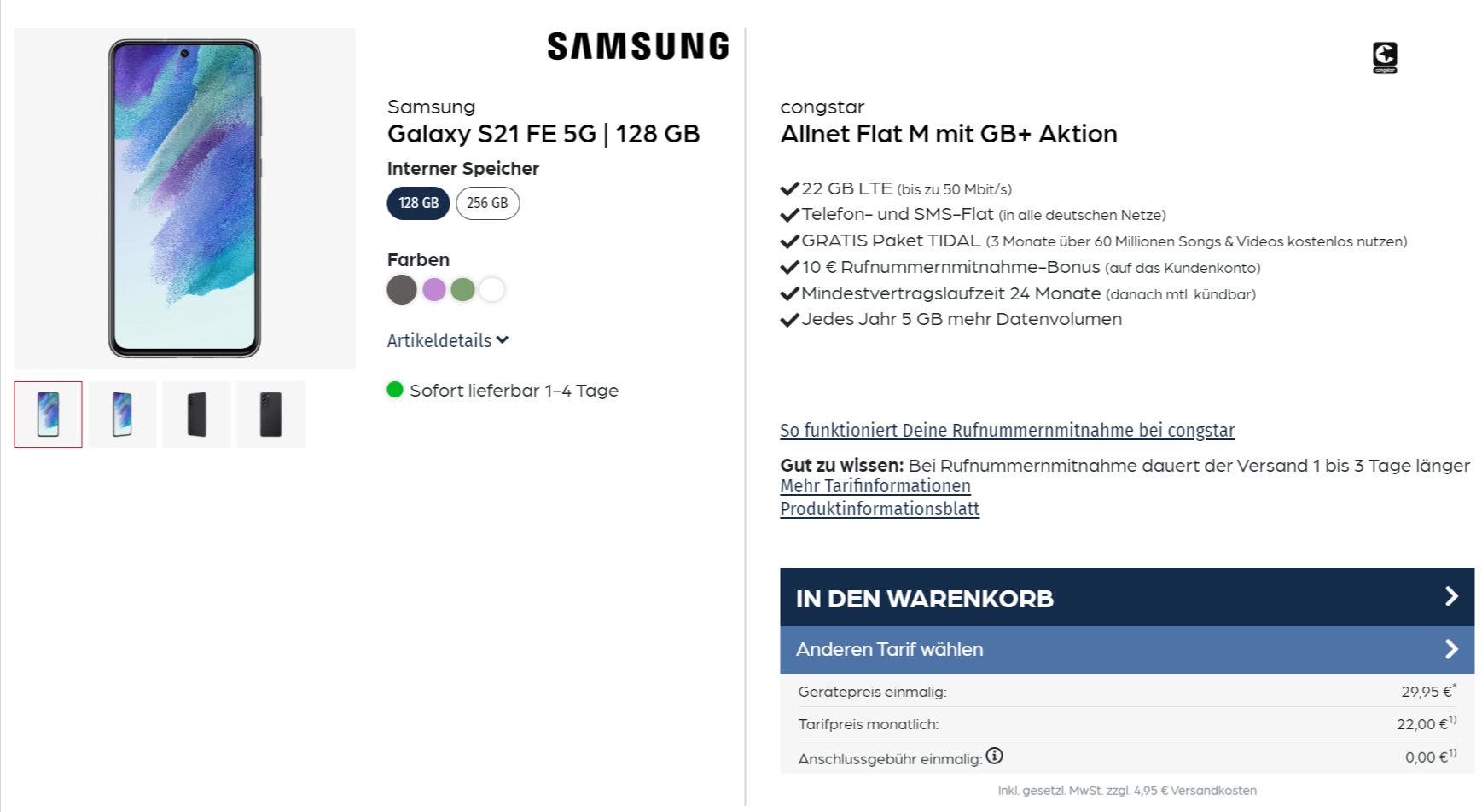 Samsung Galaxy S21 Fe 5G + Congstar Allnet Flat M Mit 22 Gb Lte