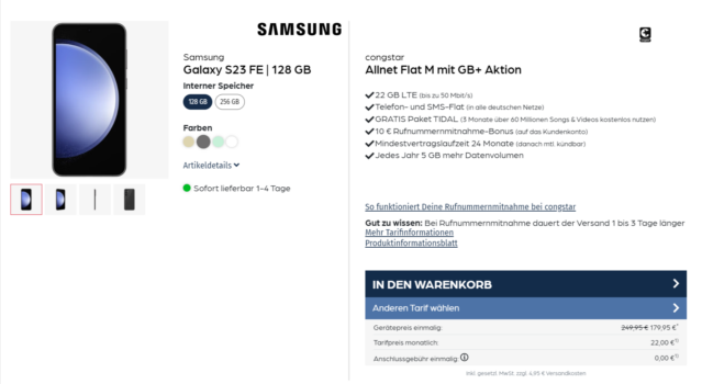 Samsung Galaxy S23 FE + congstar Allnet Flat M mit 22 GB LTE