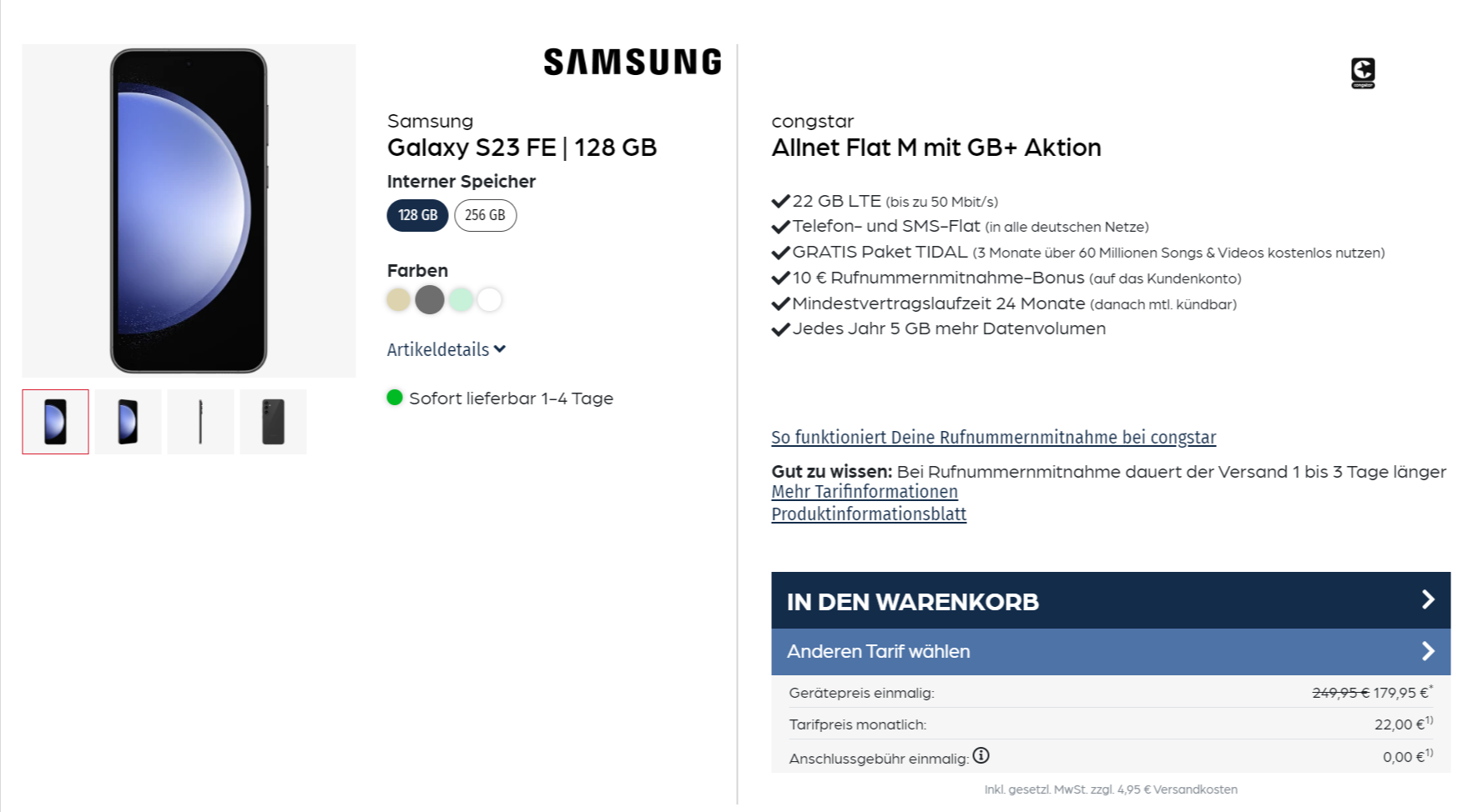 Samsung Galaxy S23 Fe + Congstar Allnet Flat M Mit 22 Gb Lte