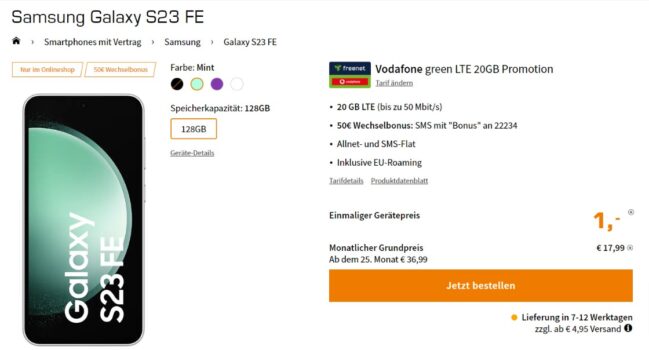 Samsung Galaxy S23 FE + freenet Vodafone green LTE 20 GB