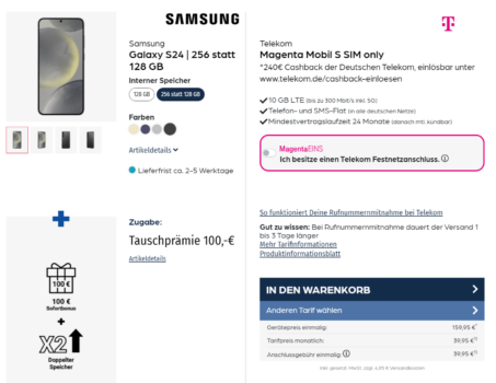 Samsung Galaxy S24 + Telekom Magenta Mobil S 10 GB LTE