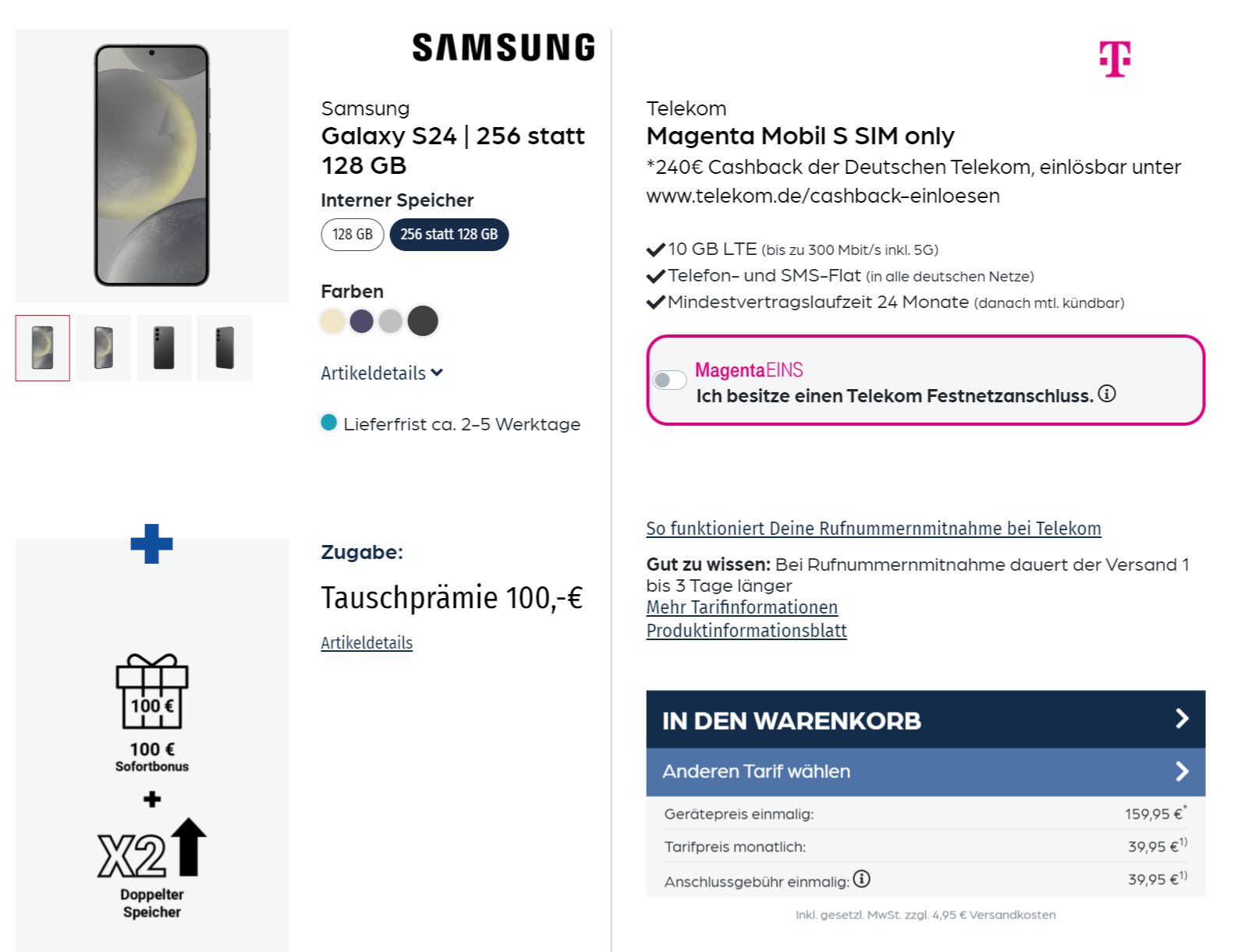 Samsung Galaxy S24 + Telekom Magenta Mobil S 10 Gb Lte