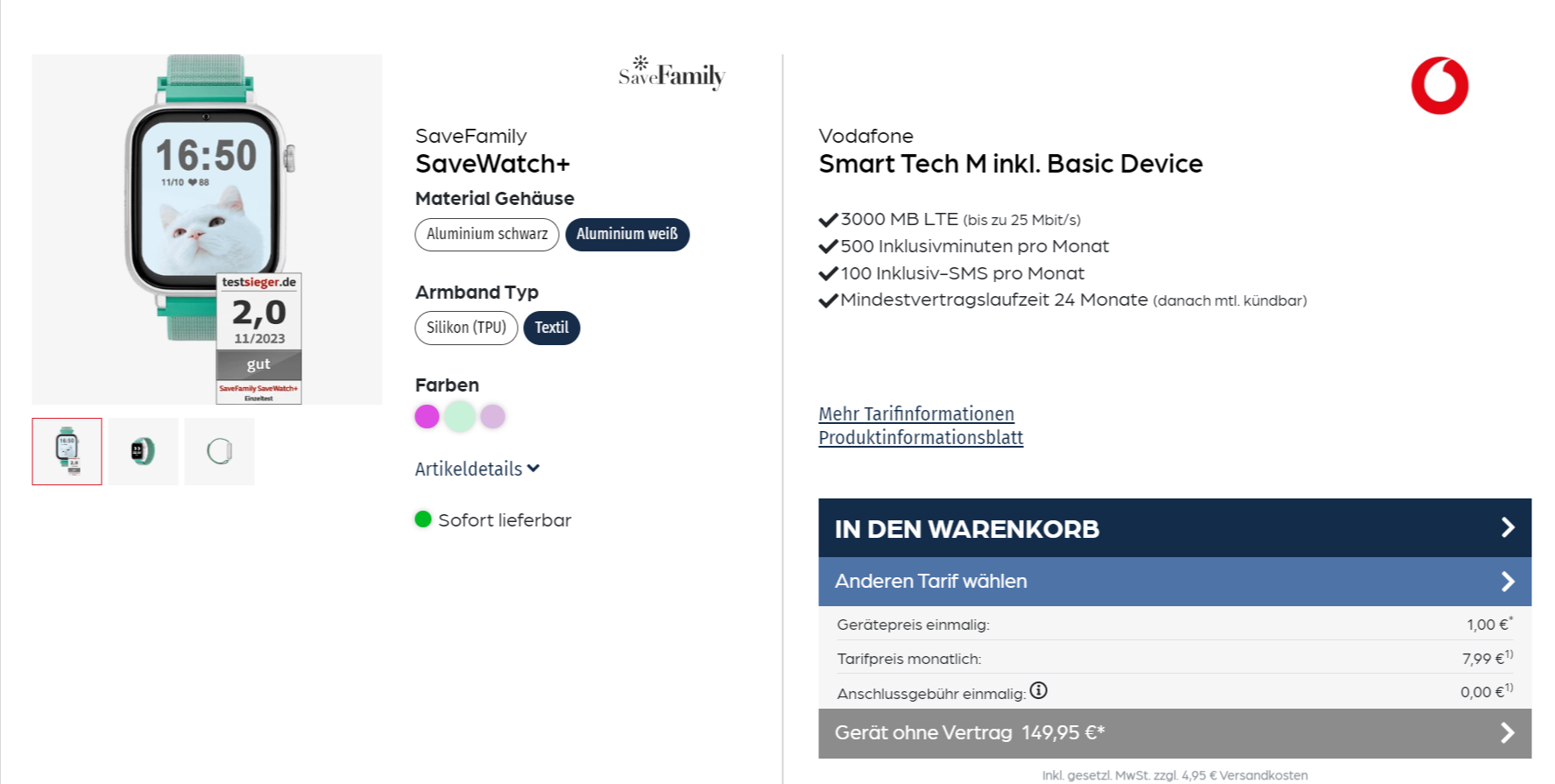 Savefamily Savewatch+ Kinder Smartwatch + Vodafone Smart Tech M 3000 Mb Lte