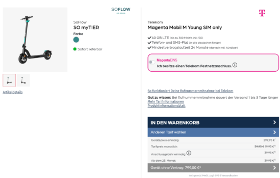 SoFlow SO myTIER E-Scooter + Telekom Magenta Mobil M Young