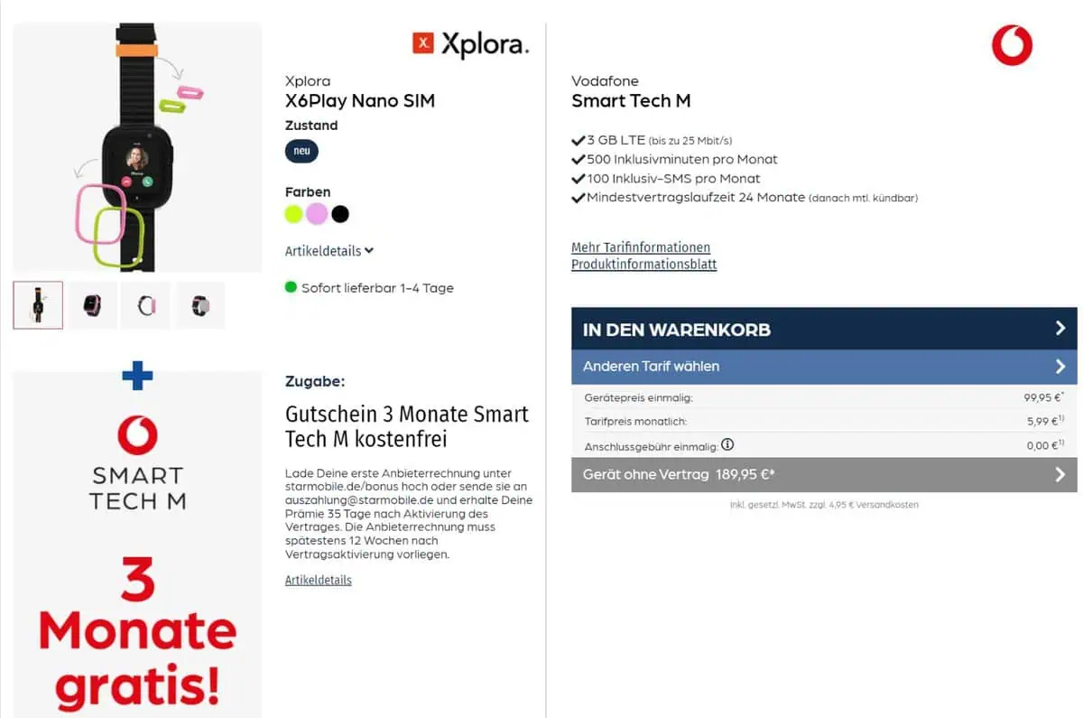starmobile: XPlora X6Play Nano SIM Kinder Smartwatch + Vodafone SmartTech 3 GB LTE für 5,99 € / Monat + 76,91 € einmalig