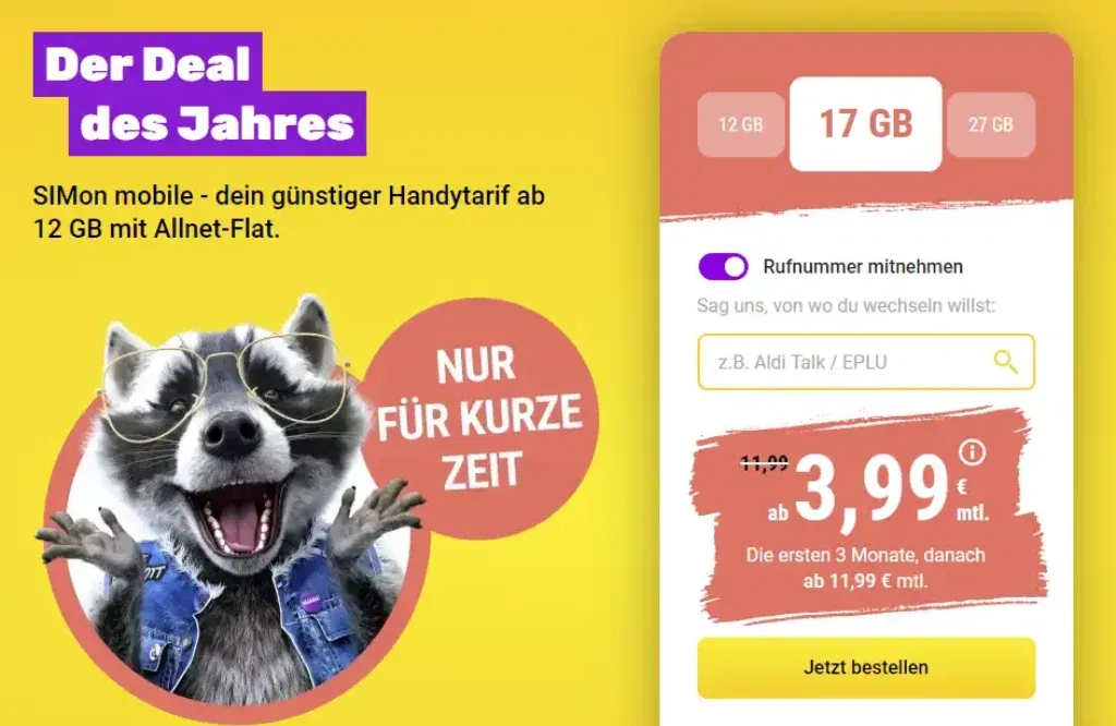 Simon Mobile 🦝  Sim-Only Übersicht: 12 Gb Ab 0,99 €, 17 Gb Ab 3,99 € Und 27 Gb Ab 8,99 € / Monat (Ohne Rufnummernmitnahme Jeweils 3 € Mehr, Monatlich Kündbar)