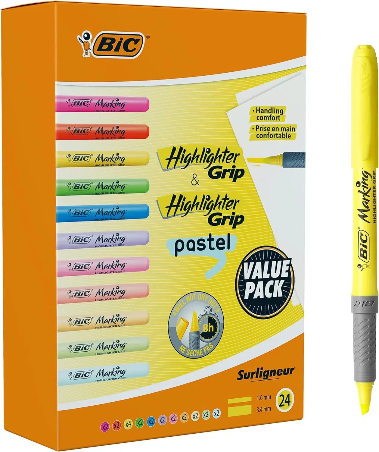 24Er-Pack Bic Highlighter Textmarker - In Verschiedenen Farben Inkl. Pastell, Mit Keilspitze, Strichstärke 1.6 Bis 3.4 Mm, Mit Austrocknungsschutz