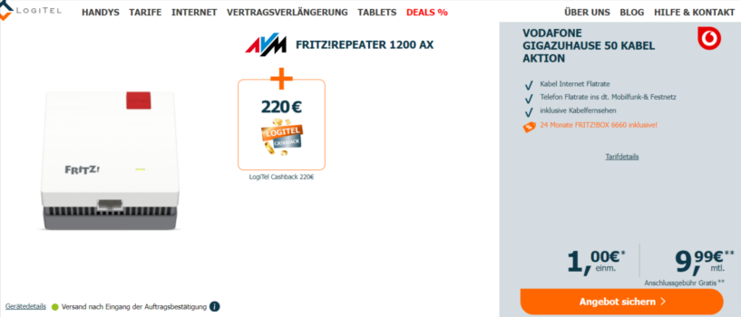 AVM FRITZ!Repeater 1200 AX + 220 € Cashback + Vodafone GigaZuhause 50 Kabel