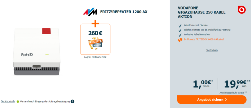 AVM FRITZ!Repeater 1200 AX + 260 € Cashback + Vodafone GigaZuhause 250 Kabel