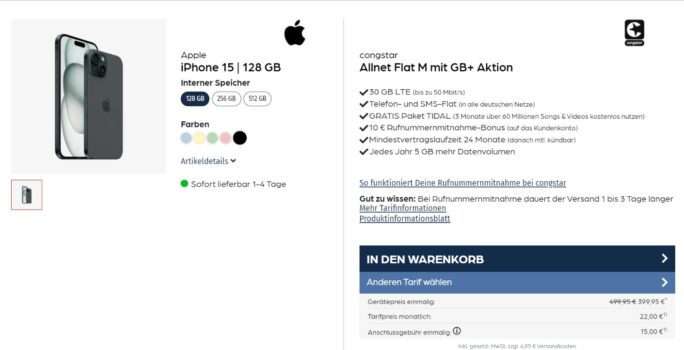 Apple iPhone 15 + congstar Allnet Flat M mit 30+ GB LTE